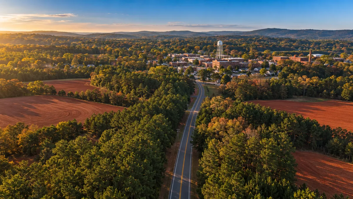 Aerial view of small brick towns and farmland in Gaston County, North Carolina