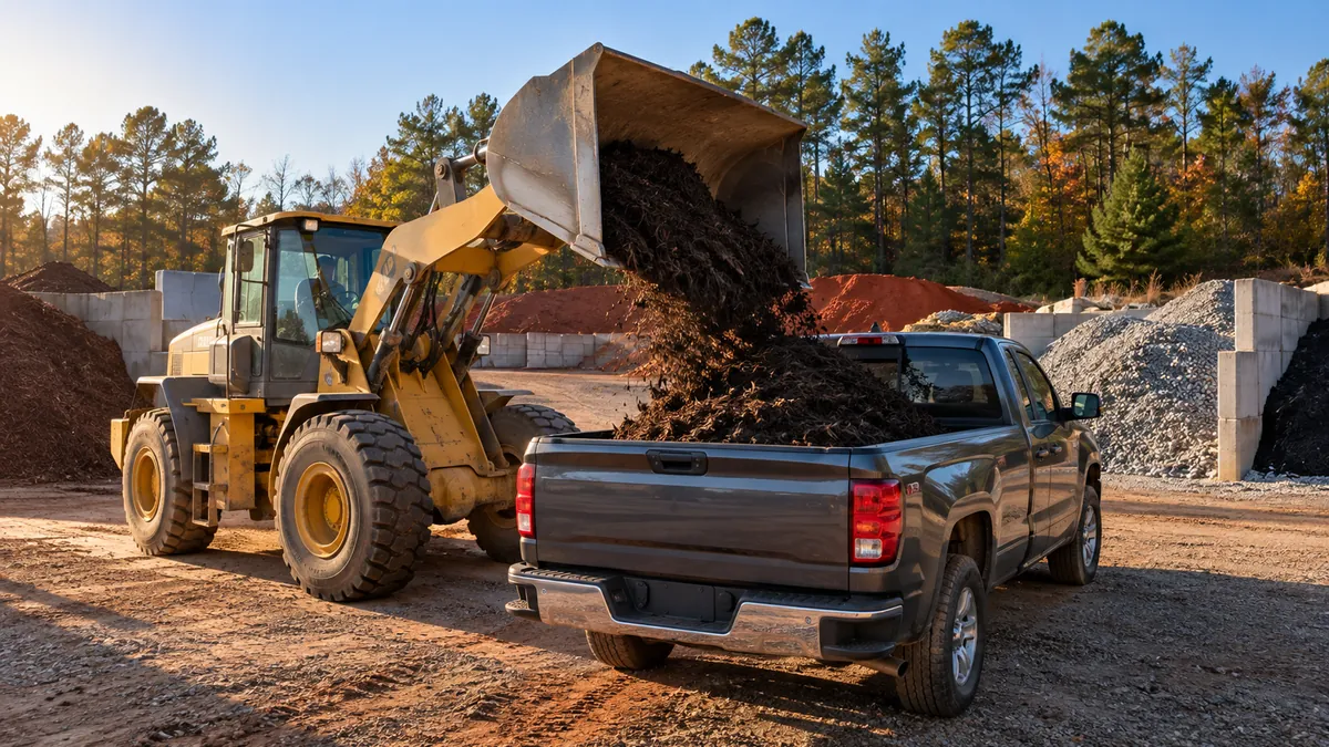 Wheel loader filling a contractor dump truck with bulk material