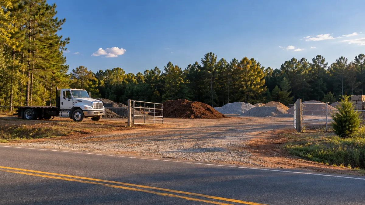 Gravel lot and material bays at a landscape supply yard in the late afternoon