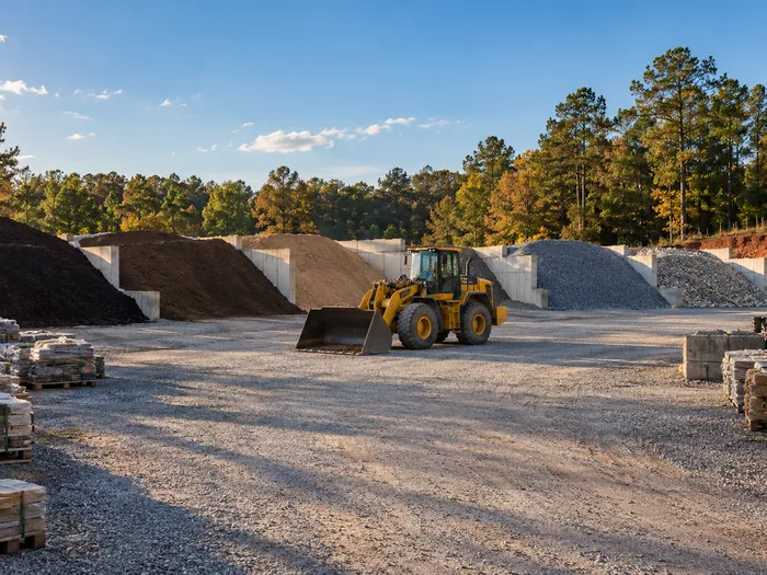 Wide view of material bays holding mulch, topsoil, sand and gravel at a supply yard