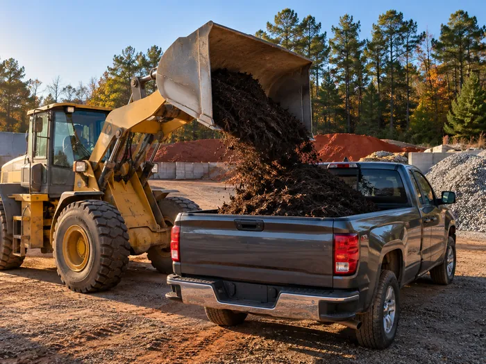 Wheel loader tipping a bucket of mulch into the bed of a pickup truck