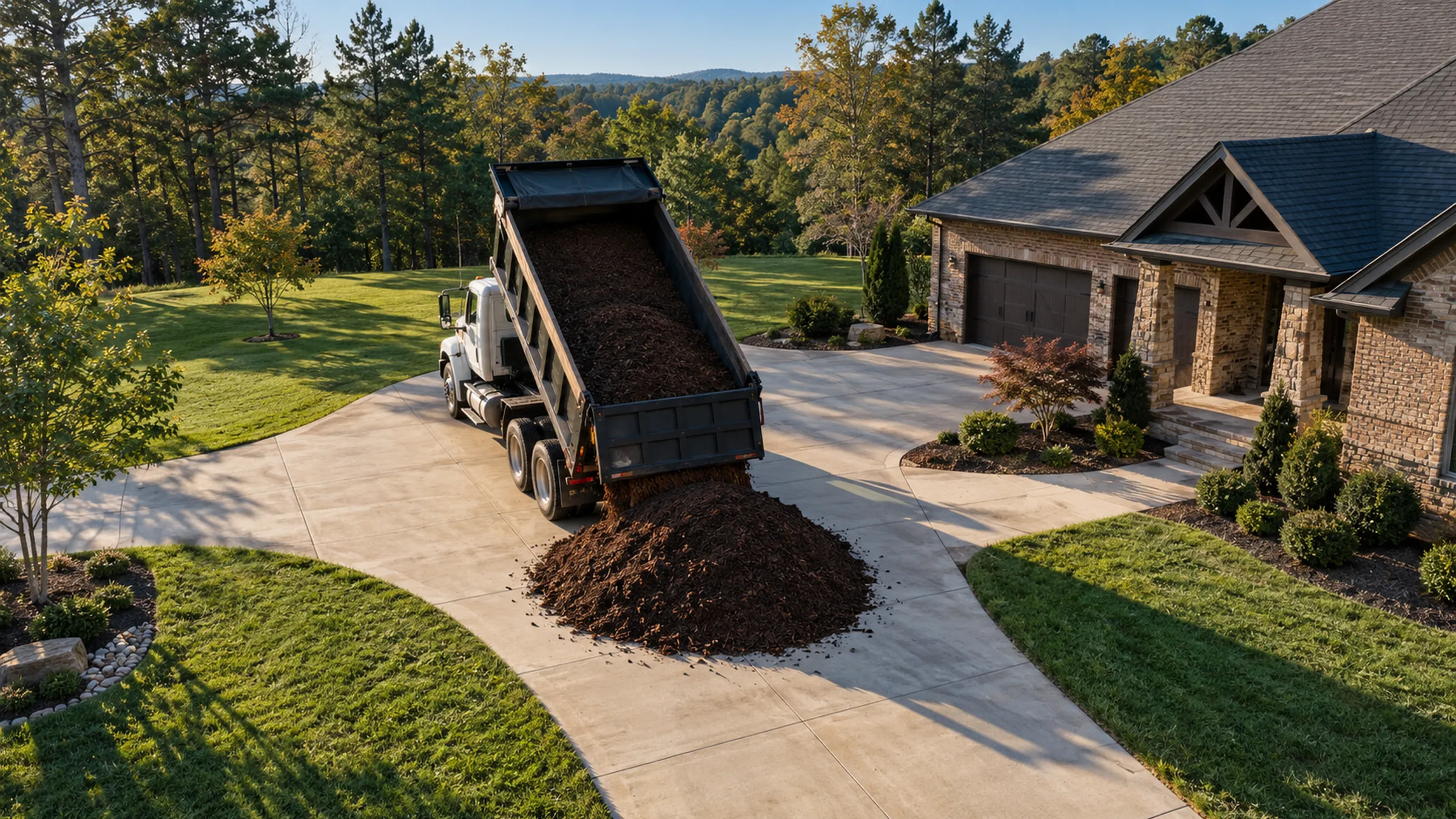 Dump truck tipping a load of dark mulch onto a residential driveway