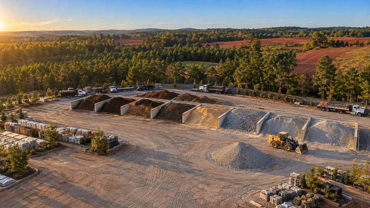 Material bays holding mulch, topsoil, sand and gravel at a supply yard