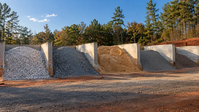 Row of concrete bin bays holding washed gravel, crusher run, sand and granite screenings