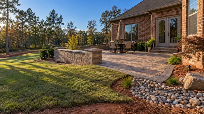 New paver patio with a low stacked stone wall and a river rock drainage swale