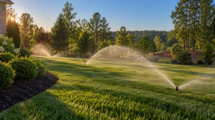 Pop up irrigation heads running across a striped green lawn at golden hour