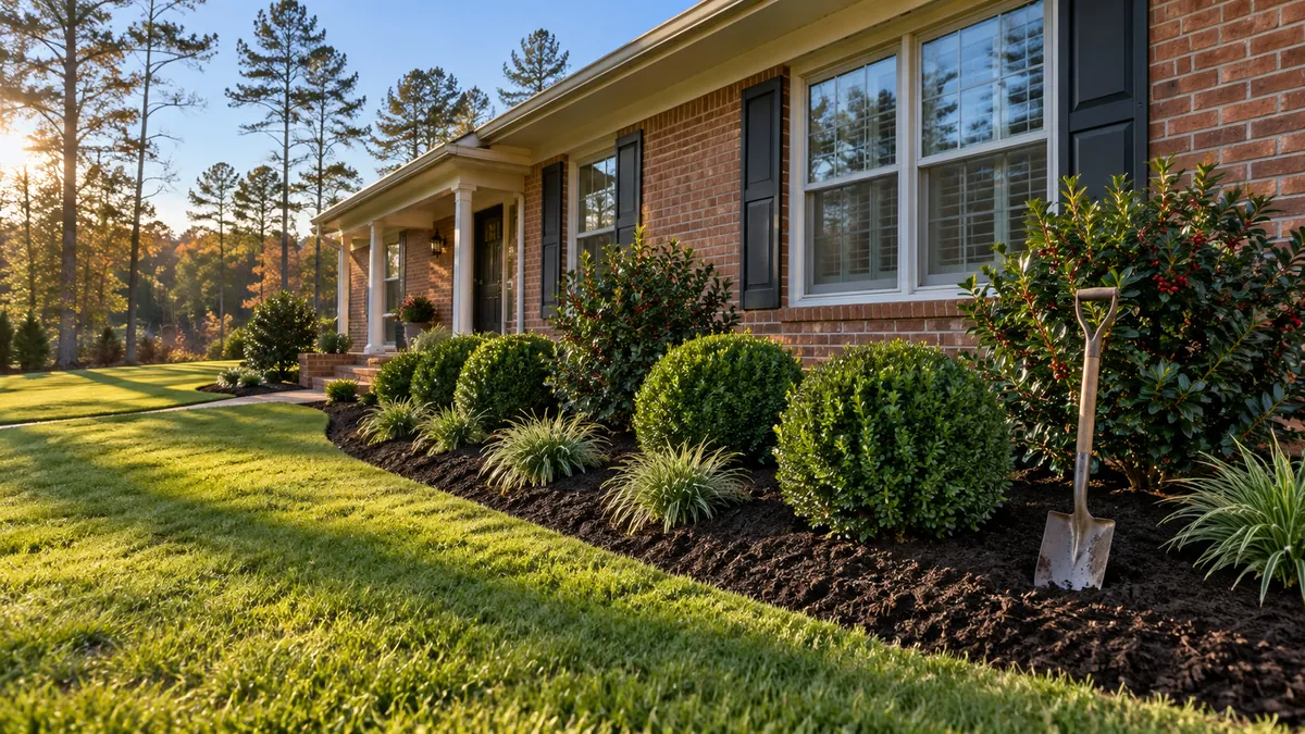 Newly installed foundation planting bed with shrubs set in fresh mulch at a brick home