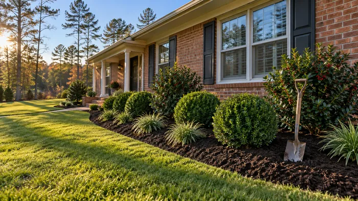 Newly installed foundation planting bed with shrubs set in fresh mulch at a brick home