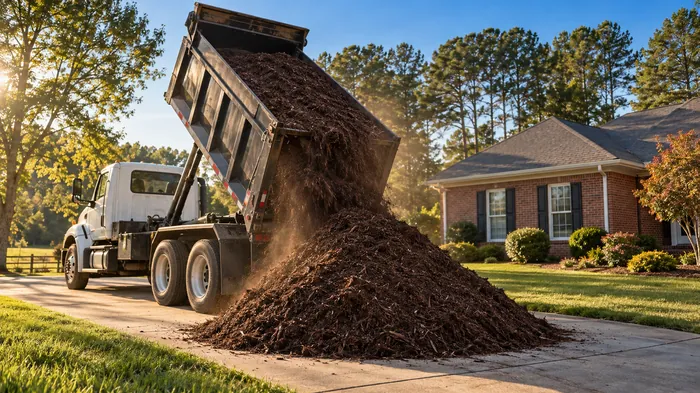 Dump truck tipping a load of dark hardwood mulch onto a residential driveway