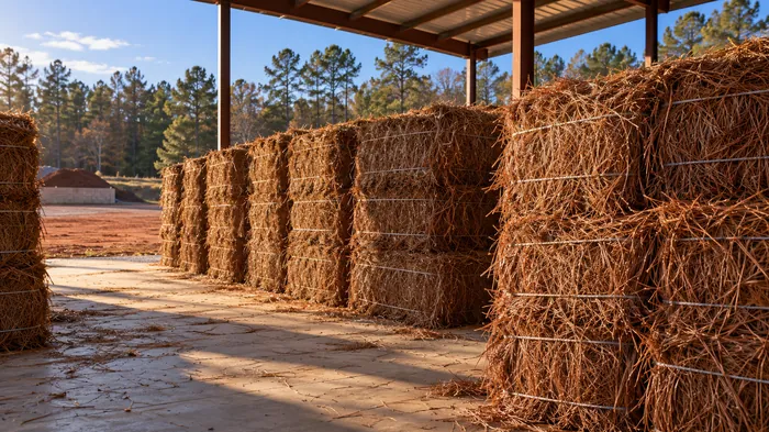 Bales of long needle pine straw stacked in rows under an open sided shelter