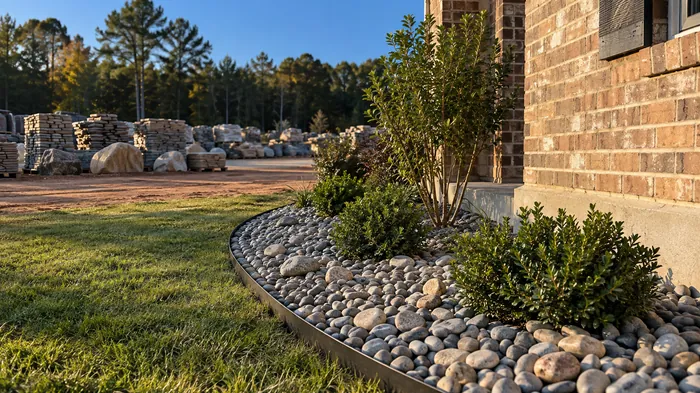 Landscape bed of smooth river rock along a brick foundation with stone pallets behind