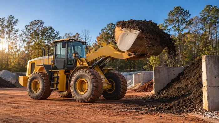 Wheel loader lifting a bucket of dark screened topsoil out of a concrete bay