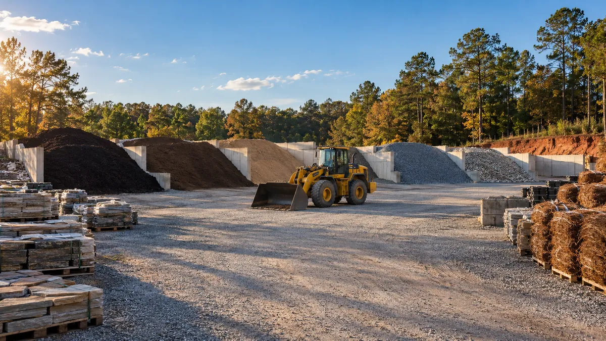 Bins of mulch, soil and gravel seen from above at a landscape supply yard